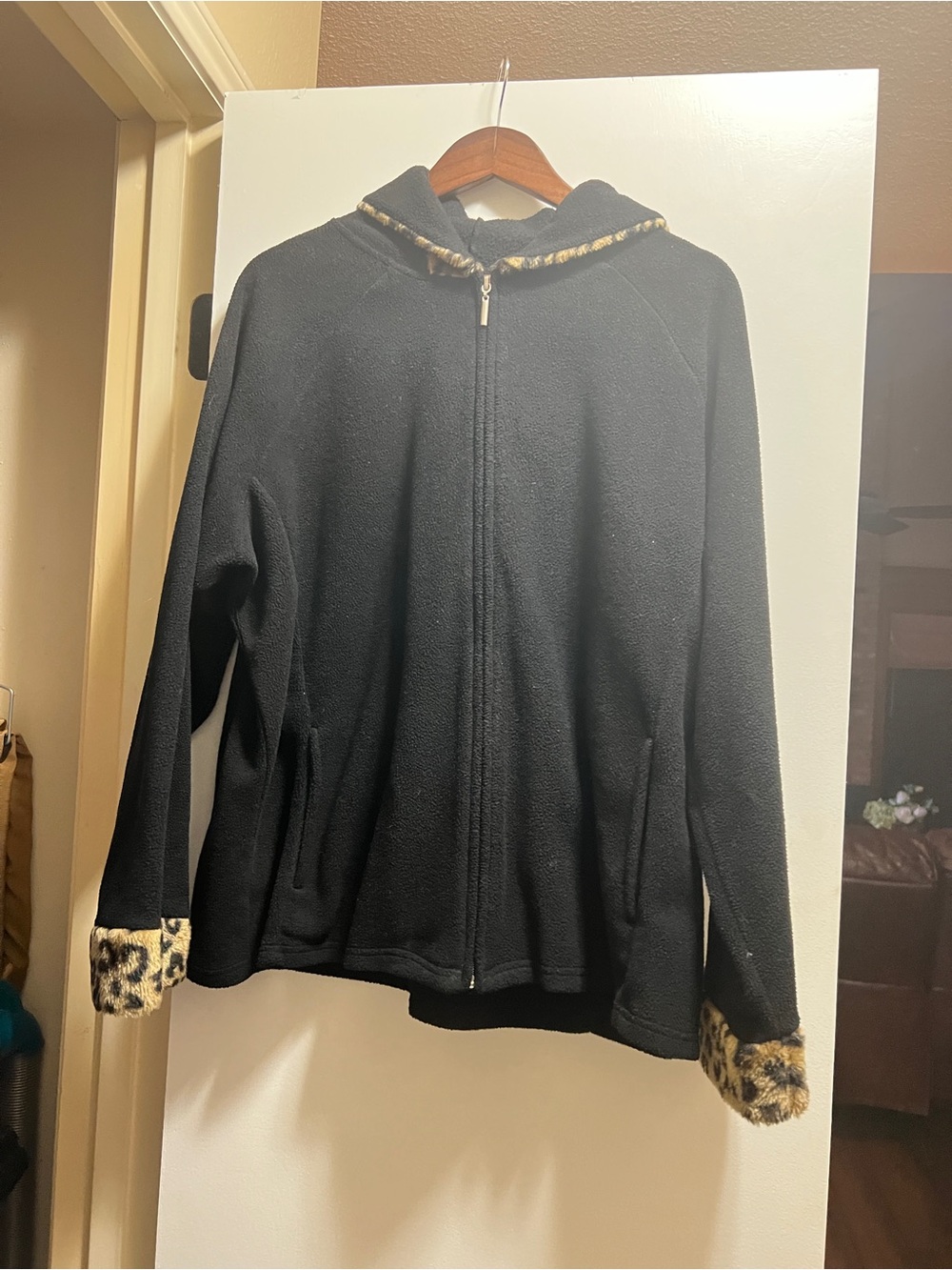 Black Hooded Fleece Jacket with Leopard Trim Size 16